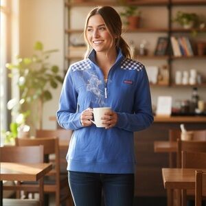 Vineyard vines periwinkle gingham quarter zip French terry pullover M